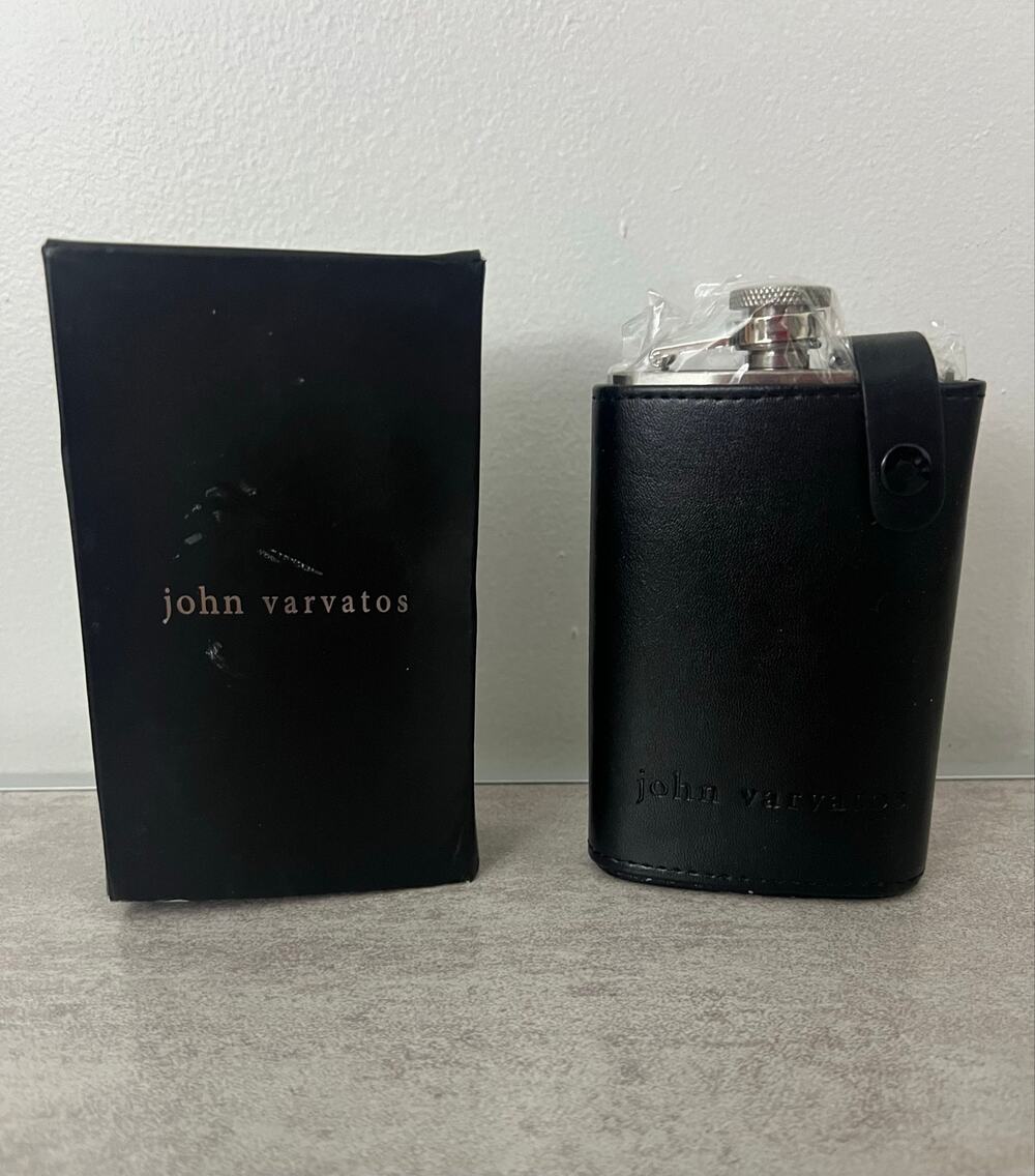 John Varvatos Stainless Steel 8 oz Black Faux Leather Sleeve NIB